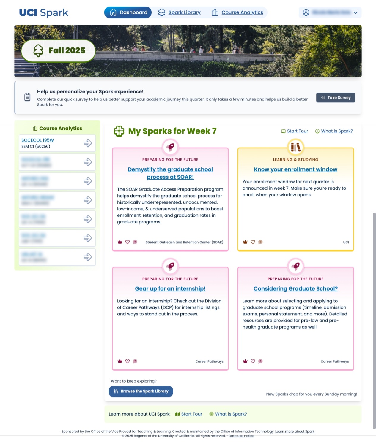 Screenshot of the Spark dashboard showing personalized recommendations and resources for students.