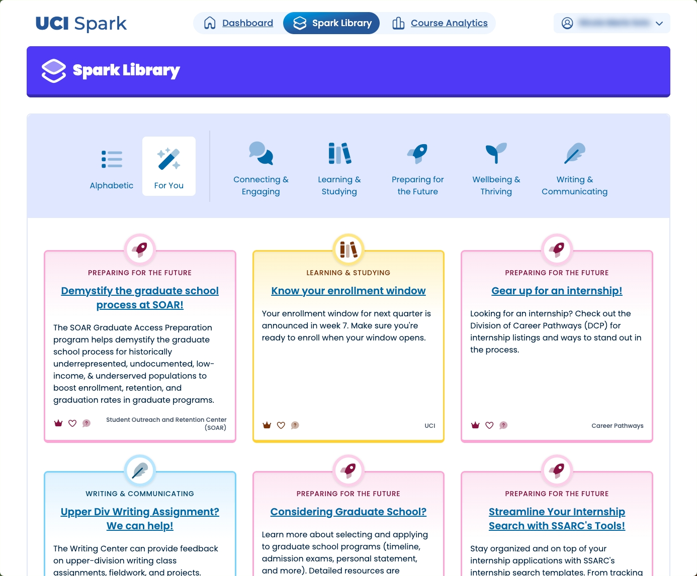 Screenshot of the Spark Library showing personalized recommendations.