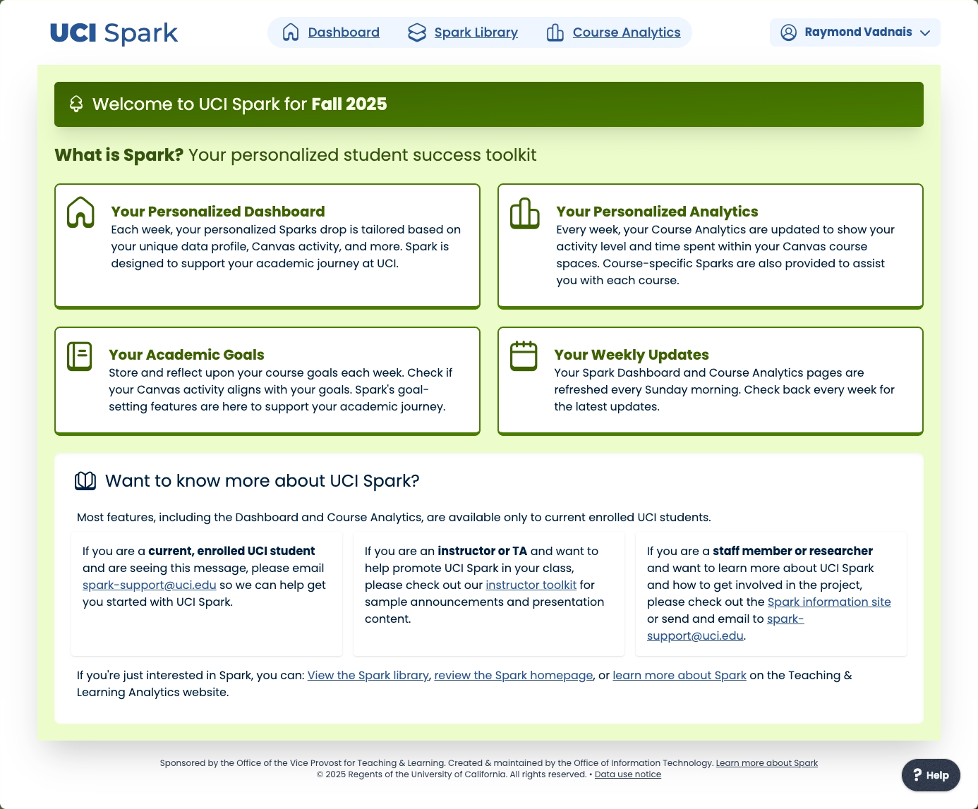 Screenshot of the Spark resources page for non-students showing various support services available on campus.