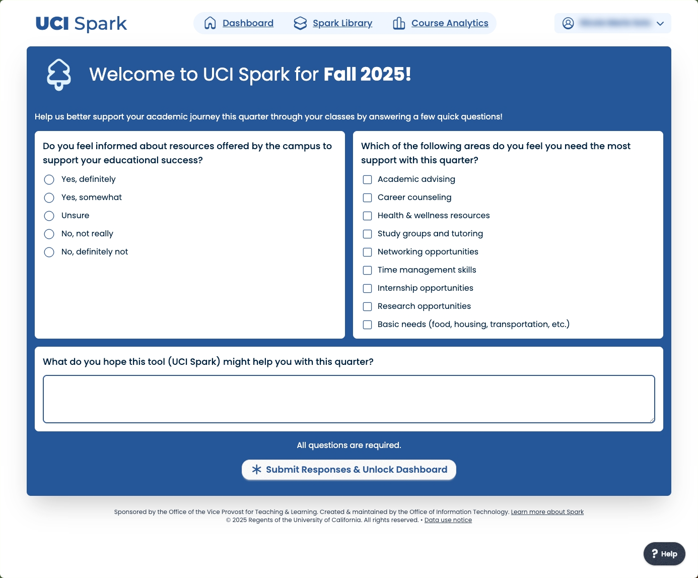 Screenshot of the Spark quarterly questionnaire page showing various charts and insights for a specific course.